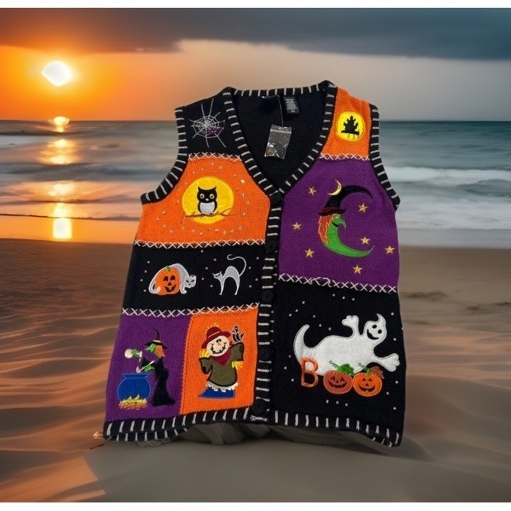 Vintage Holiday Editions Vest Women's Small Multicolor Halloween Pumpkin Ghost